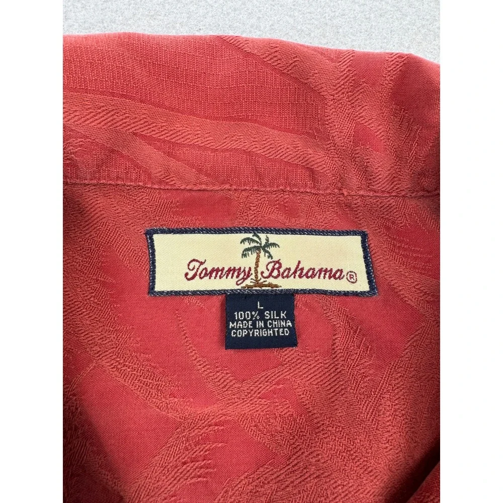 Tommy Bahama 100% Silk Mens Large Red Jacquard Palm Leaf Camp Shirt Button Up